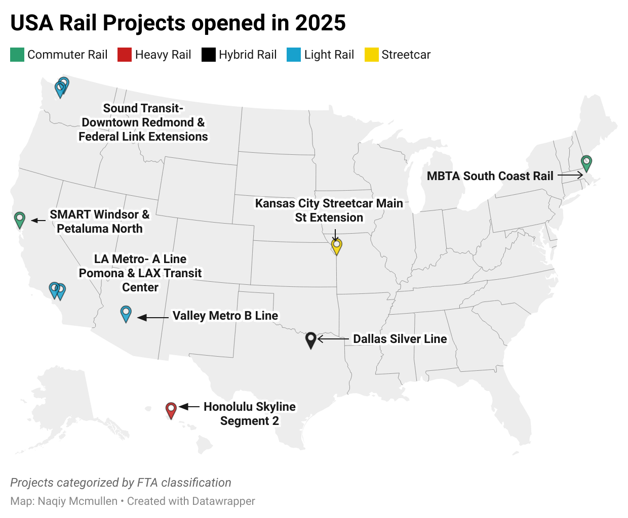 A map of all the new rail projects opened in 2025